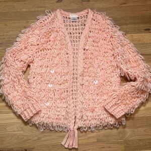 Main Strip Shaggy Lopped Knit & Sequin Pink Textured Cardigan Women’s M